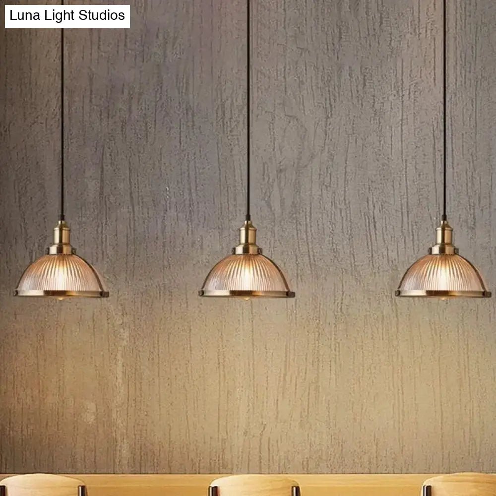 Ribbed Glass Industrial Pendant Light For Dining Room - Antique Brass/Chrome Dome Ceiling Fixture