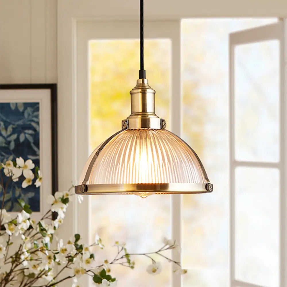 Industrial Ribbed Glass Dome Pendant Fixture - Antique Brass/Chrome Brass