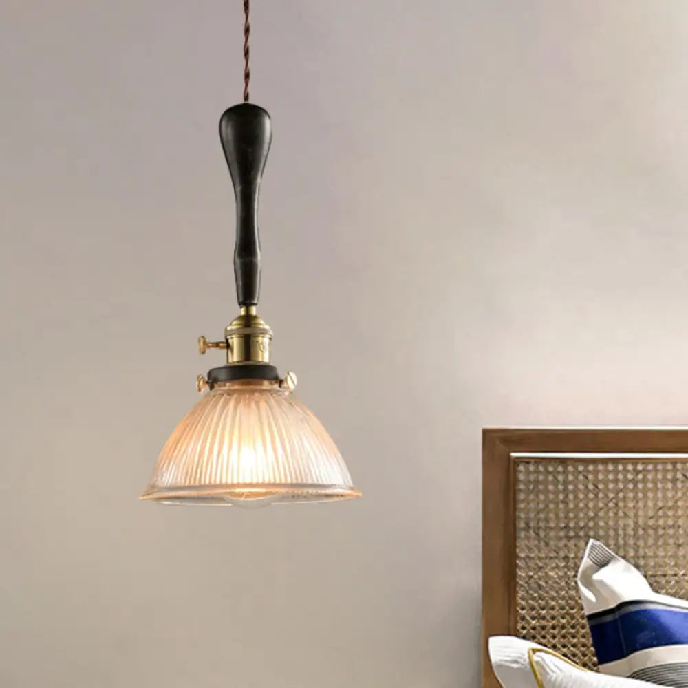 Industrial Ribbed Glass Pendant Light With Clear Dome For Living Room Ceiling - 1 Fixture