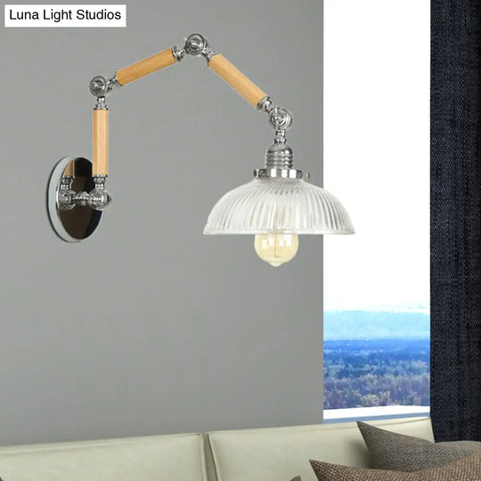 Industrial Ribbed Glass Silver Sconce Light With Rotatable Arm