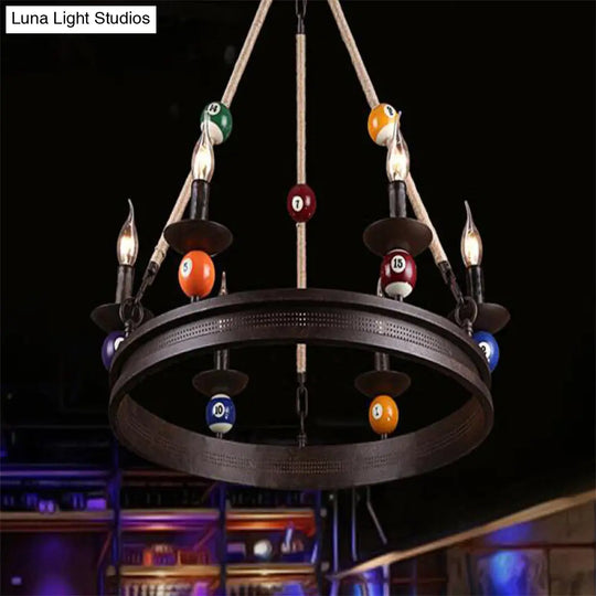 Industrial Ring Chandelier With 6 Bulbs Metallic Pendant Light Fixture Rope And Billiard Ball Deco