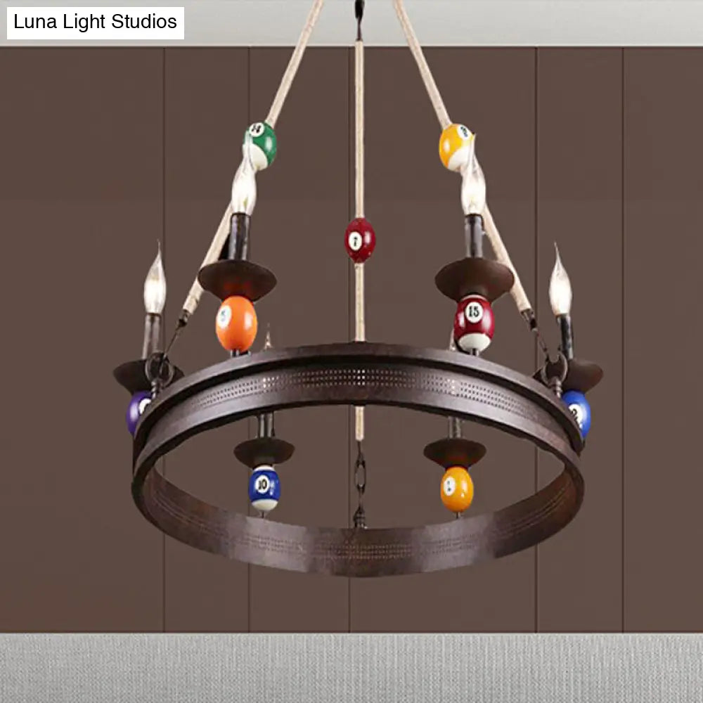 Industrial Ring Chandelier With 6 Bulbs Metallic Pendant Light Fixture Rope And Billiard Ball Deco