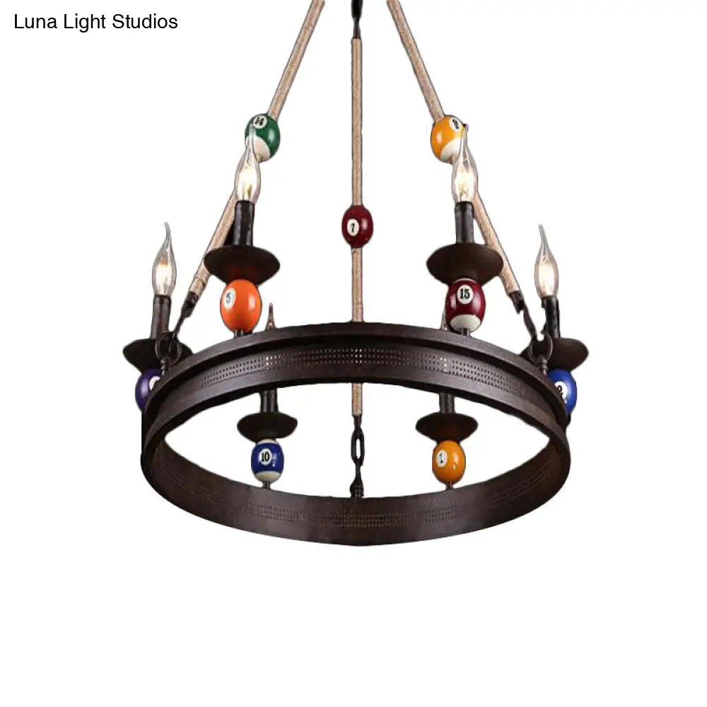 Industrial Ring Chandelier With Rustic Rope And Billiard Ball Deco - 6 Bulbs Metallic Pendant Light