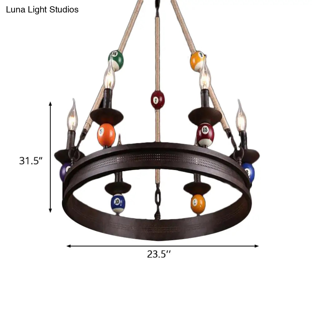 Industrial Ring Chandelier With Rustic Rope And Billiard Ball Deco - 6 Bulbs Metallic Pendant Light