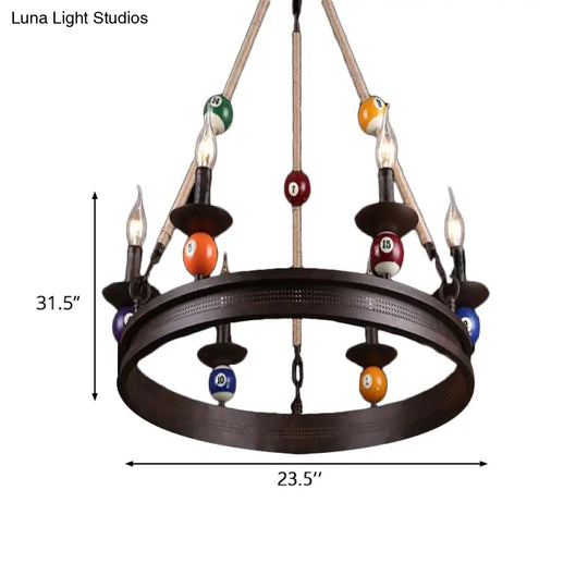 Industrial Ring Chandelier With Rustic Rope And Billiard Ball Deco - 6 Bulbs Metallic Pendant Light