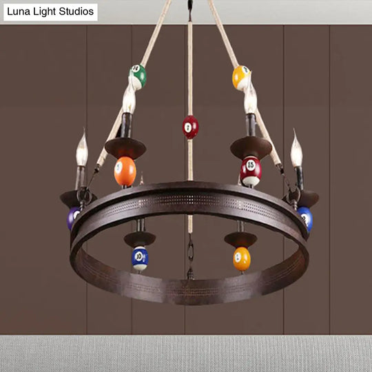 Industrial Ring Chandelier With Rustic Rope And Billiard Ball Deco - 6 Bulbs Metallic Pendant Light