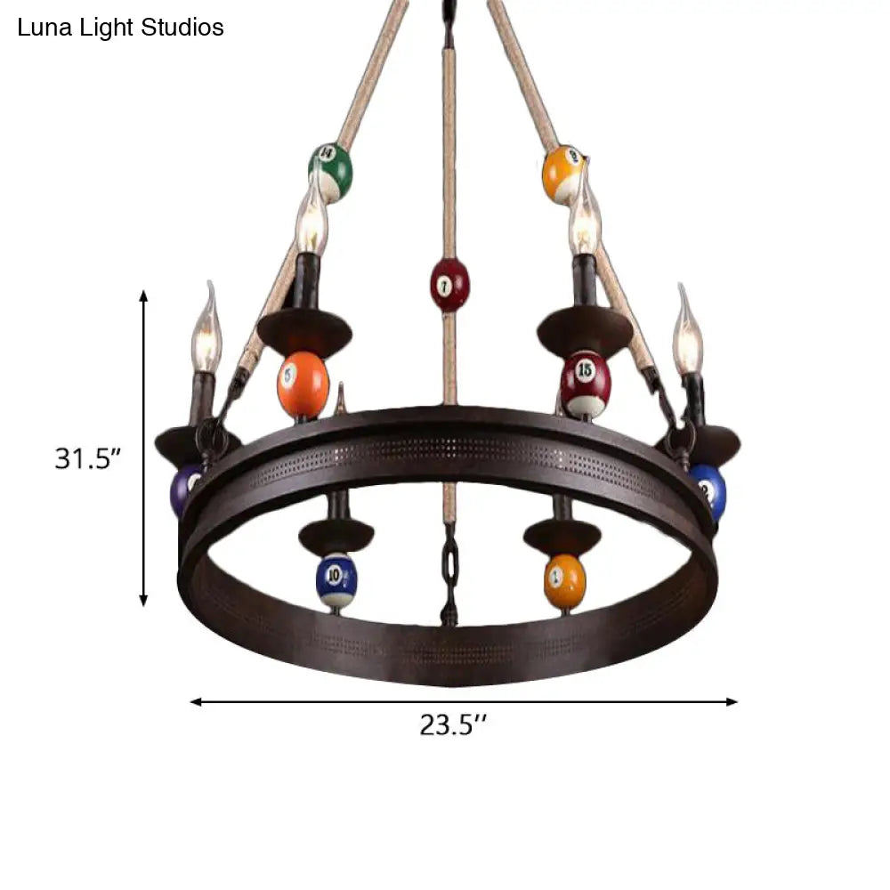 Industrial Ring Chandelier With 6 Bulbs Metallic Pendant Light Fixture Rope And Billiard Ball Deco