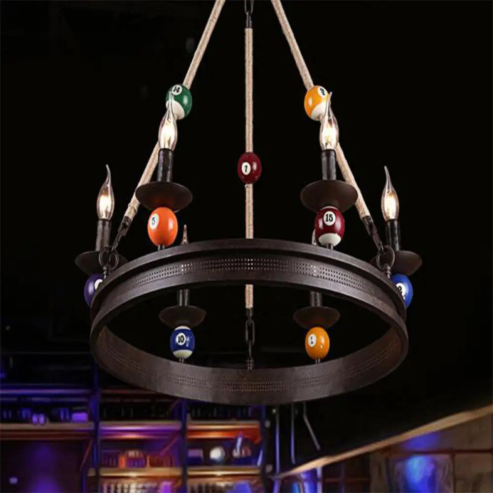 Industrial Ring Chandelier With Rustic Rope And Billiard Ball Deco - 6 Bulbs Metallic Pendant Light