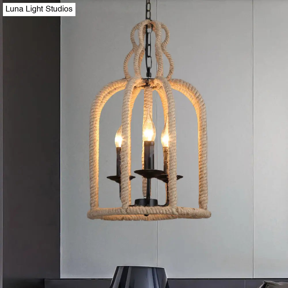 Industrial Rope Bird Cage Pendant Lamp - Beige 3 Heads Chandelier Light For Coffee Shop Ceiling