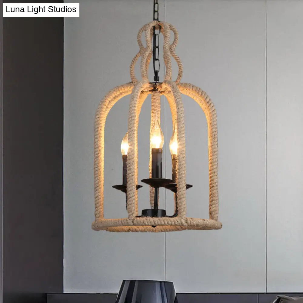 Beige Industrial Rope Bird Cage Chandelier Light For Coffee Shop - 3 Heads Pendant Lamp