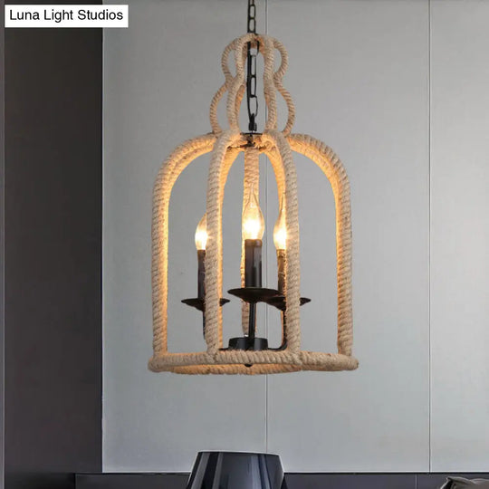 Beige Industrial Rope Bird Cage Chandelier Light For Coffee Shop - 3 Heads Pendant Lamp