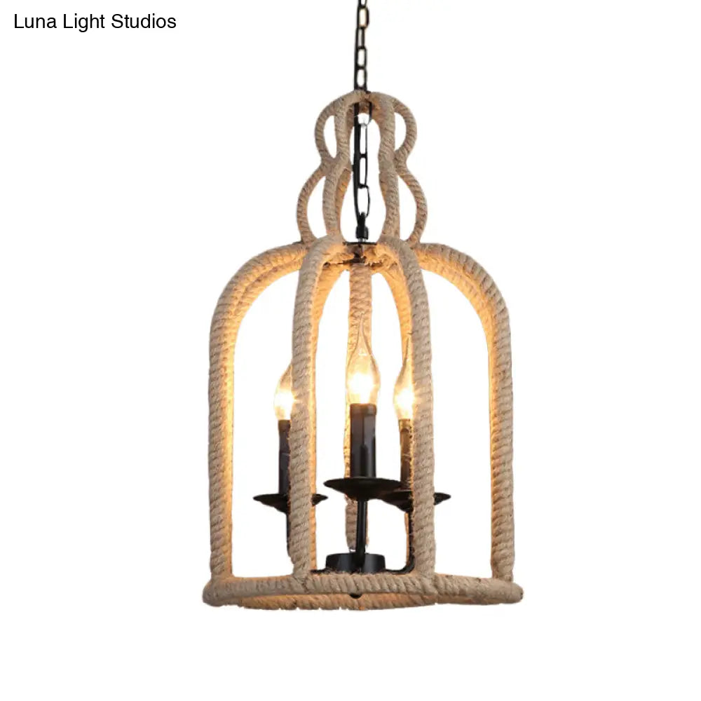 Industrial Rope Bird Cage Pendant Lamp - Beige 3 Heads Chandelier Light For Coffee Shop Ceiling