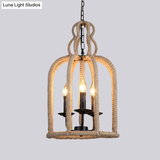 Industrial Rope Bird Cage Pendant Lamp - Beige 3 Heads Chandelier Light For Coffee Shop Ceiling