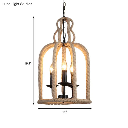 Industrial Rope Bird Cage Pendant Lamp - Beige 3 Heads Chandelier Light For Coffee Shop Ceiling