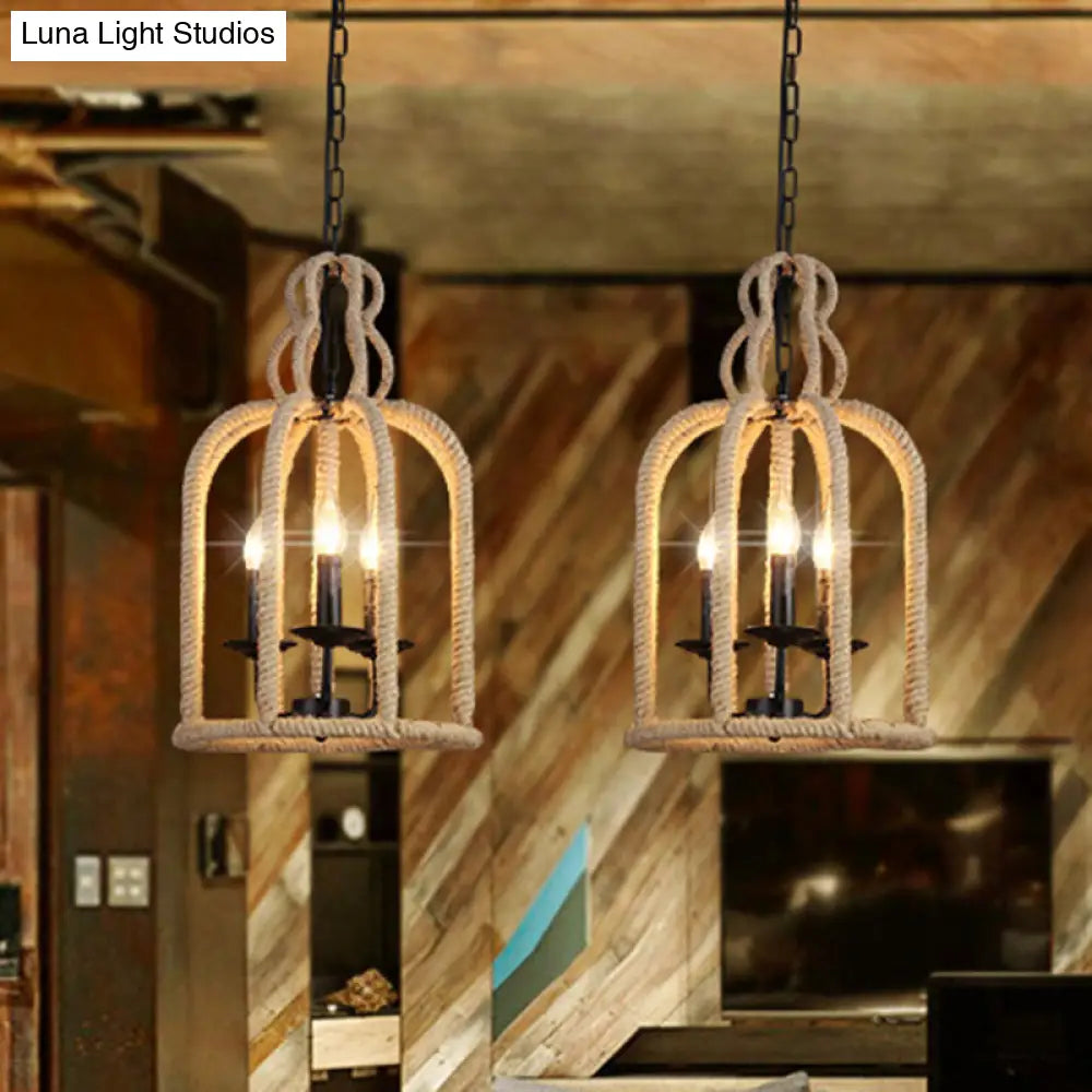 Beige Industrial Rope Bird Cage Chandelier Light For Coffee Shop - 3 Heads Pendant Lamp