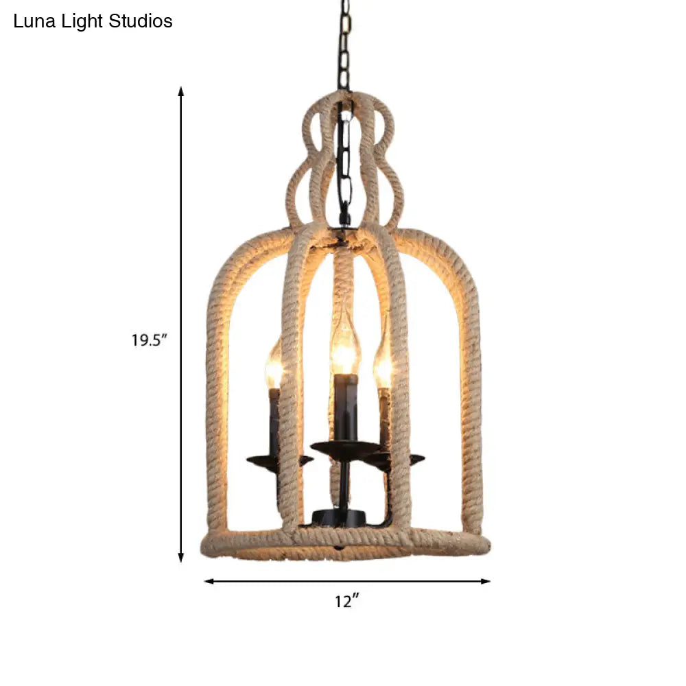 Beige Industrial Rope Bird Cage Chandelier Light For Coffee Shop - 3 Heads Pendant Lamp