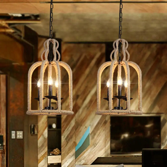 Industrial Rope Bird Cage Pendant Lamp - Beige 3 Heads Chandelier Light For Coffee Shop Ceiling