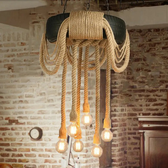 Industrial Rope Black Pendant Lamp - 6-Light Tyre Chandelier For Coffee Shop