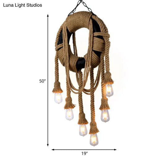 Industrial Rope Black Pendant Lamp - 6-Light Tyre Chandelier For Coffee Shop