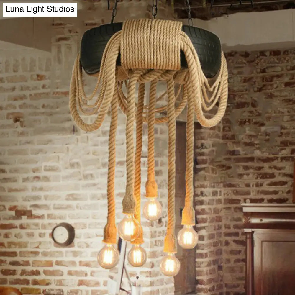 Industrial Tyre Pendant Lamp With 6 Black Rope Lights - Perfect For Coffee Shop