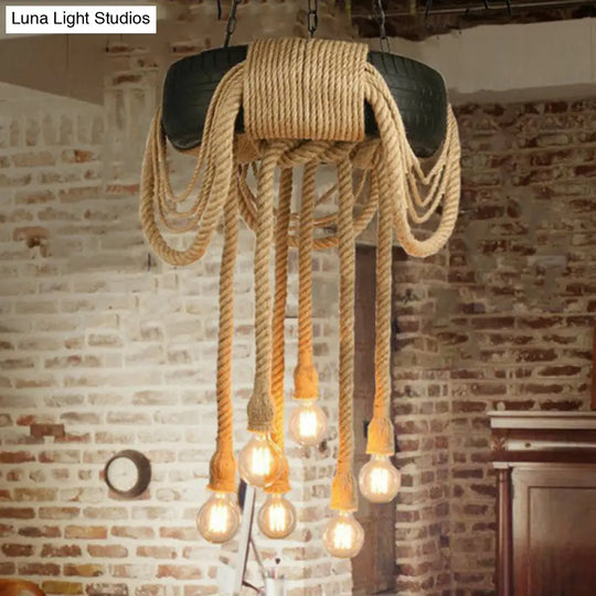 Industrial Tyre Pendant Lamp With 6 Black Rope Lights - Perfect For Coffee Shop