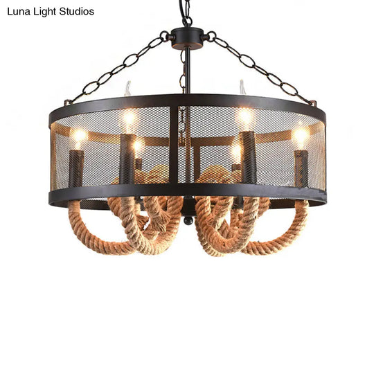 Black Pendant Lamp With 6-Light Industrial Chandelier And Wire Mesh