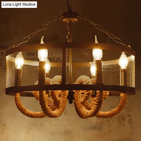 Industrial Rope Black Pendant Lamp Chandelier With 6 Candle Lights And Wire Mesh Fixture