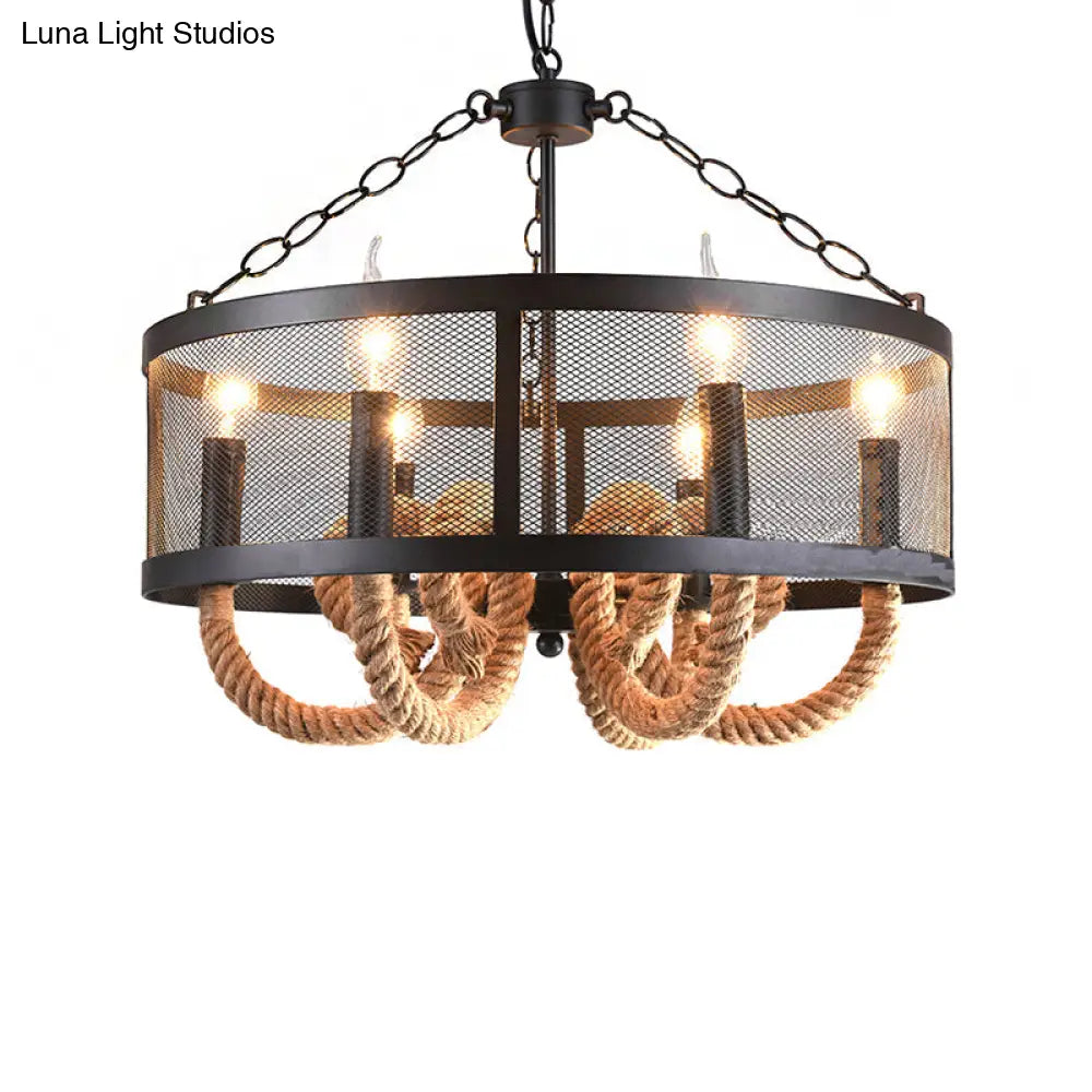 Industrial Rope Black Pendant Lamp Chandelier With 6 Candle Lights And Wire Mesh Fixture