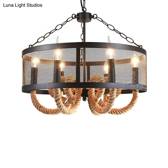 Industrial Rope Black Pendant Lamp Chandelier With 6 Candle Lights And Wire Mesh Fixture