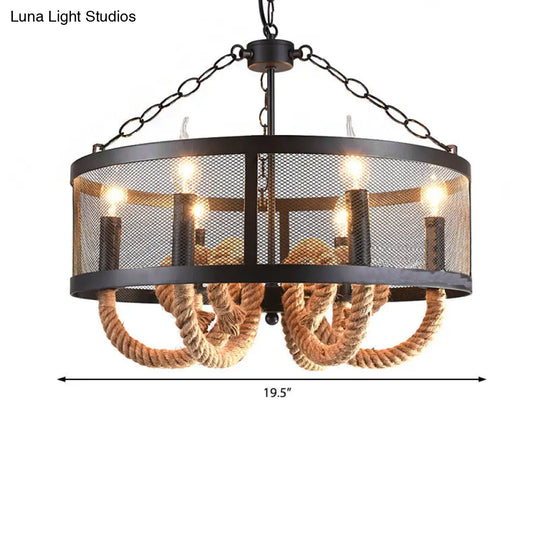 Black Pendant Lamp With 6-Light Industrial Chandelier And Wire Mesh