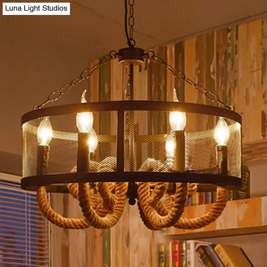 Black Pendant Lamp With 6-Light Industrial Chandelier And Wire Mesh