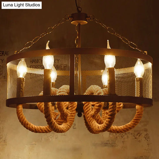 Black Pendant Lamp With 6-Light Industrial Chandelier And Wire Mesh