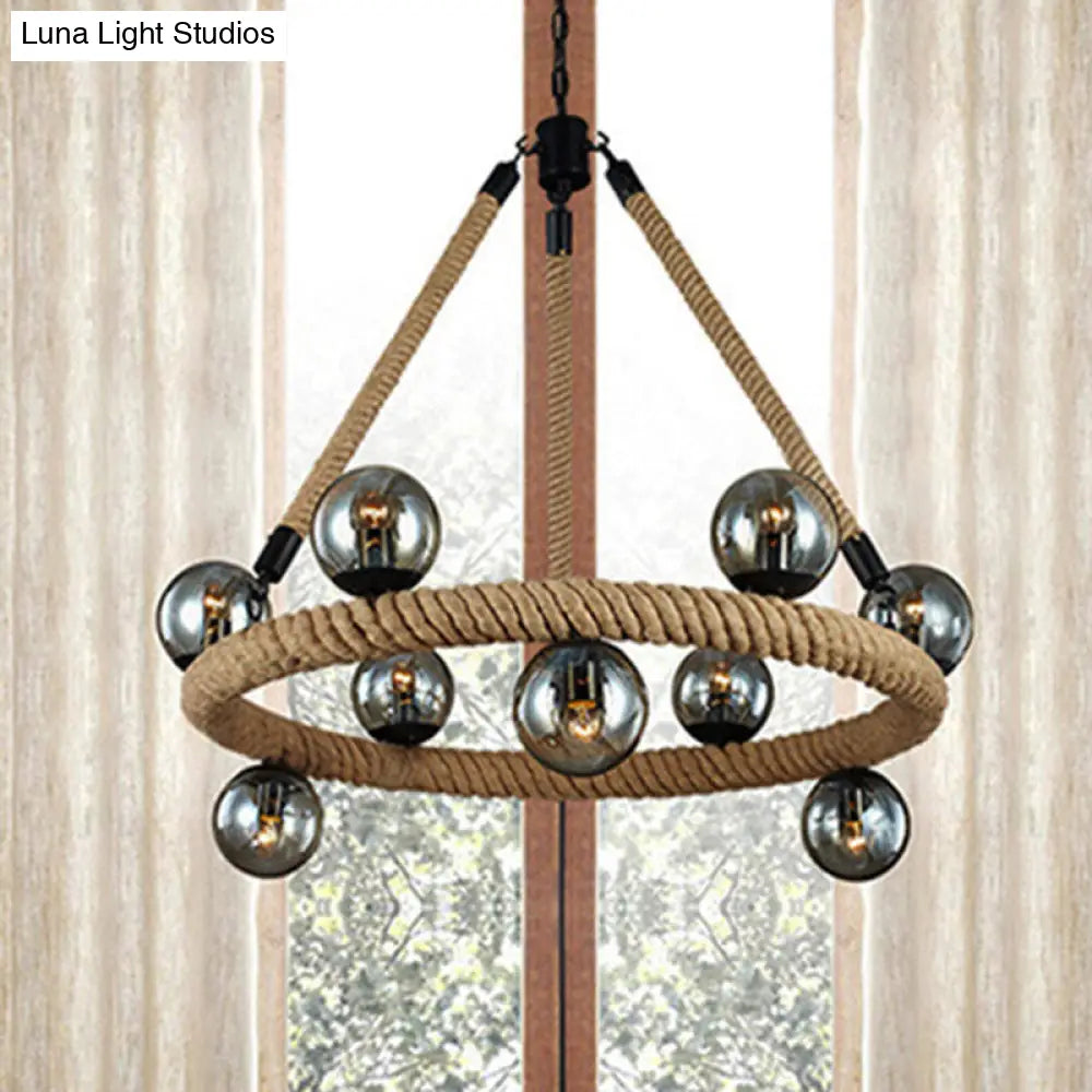 Beige 9-Light Chandelier With Industrial Rope Design Glass Shade - Perfect For Dining Room