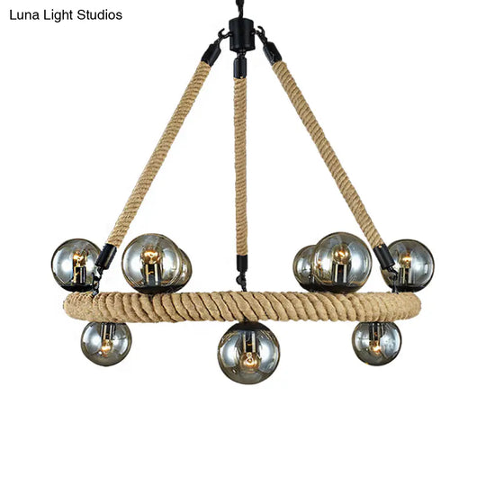 Industrial Rope Chandelier With Glass Shade - Beige 9-Light Fixture For Dining Room