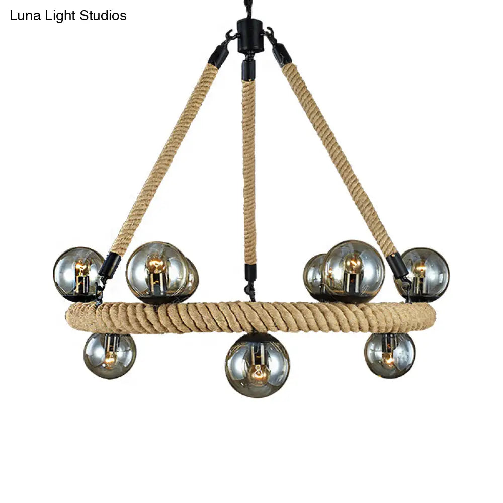 Beige 9-Light Chandelier With Industrial Rope Design Glass Shade - Perfect For Dining Room