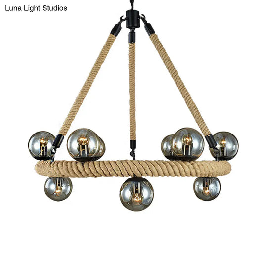 Beige 9-Light Chandelier With Industrial Rope Design Glass Shade - Perfect For Dining Room