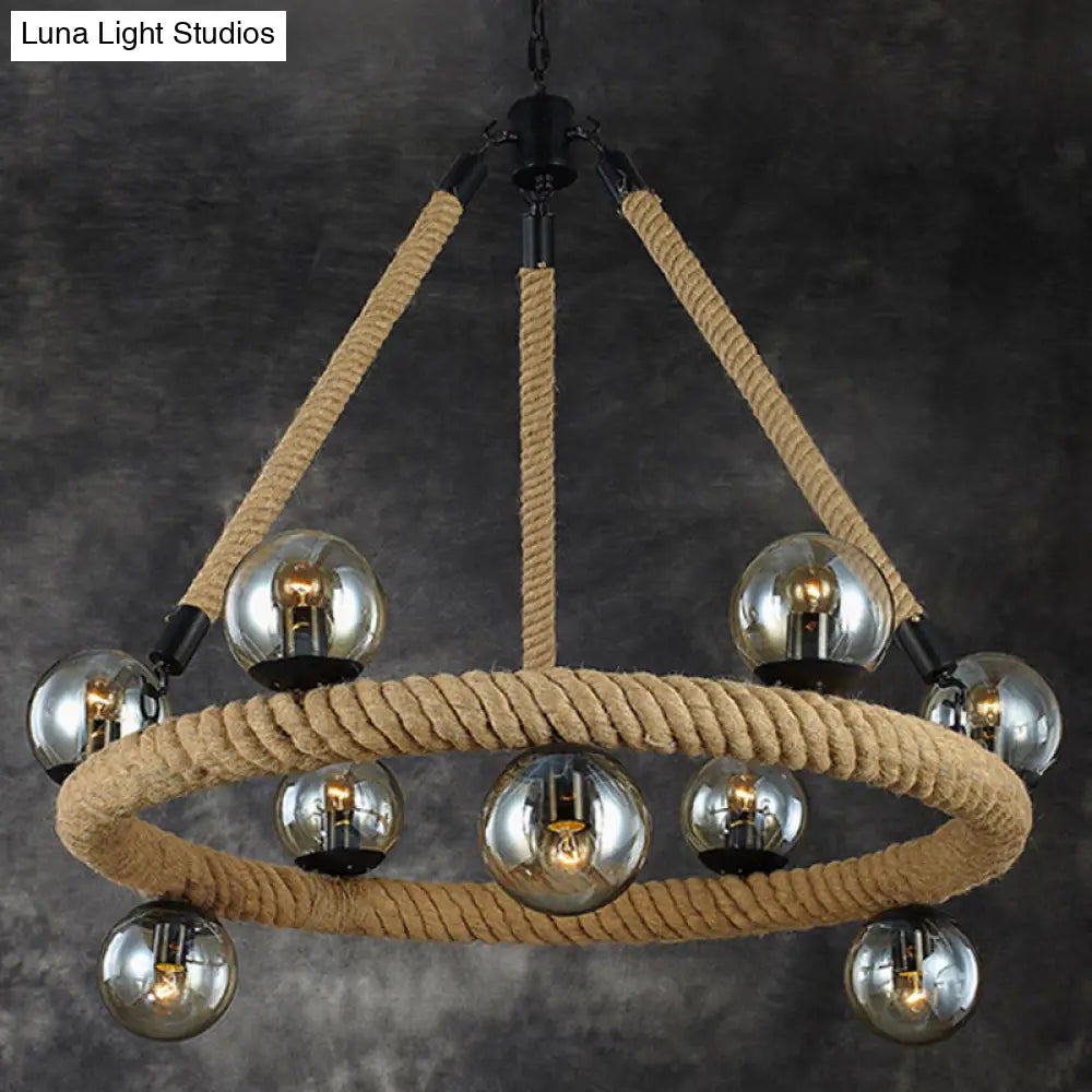 Beige 9-Light Chandelier With Industrial Rope Design Glass Shade - Perfect For Dining Room