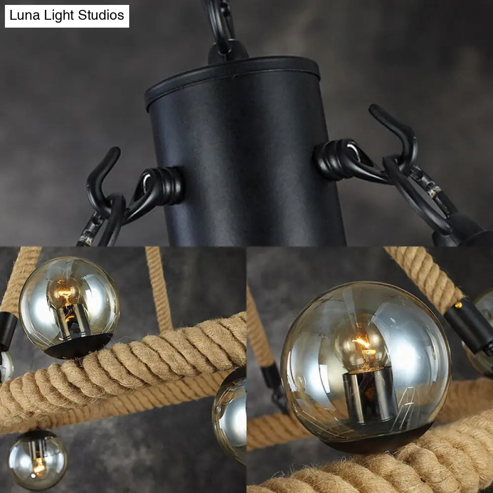 Beige 9-Light Chandelier With Industrial Rope Design Glass Shade - Perfect For Dining Room