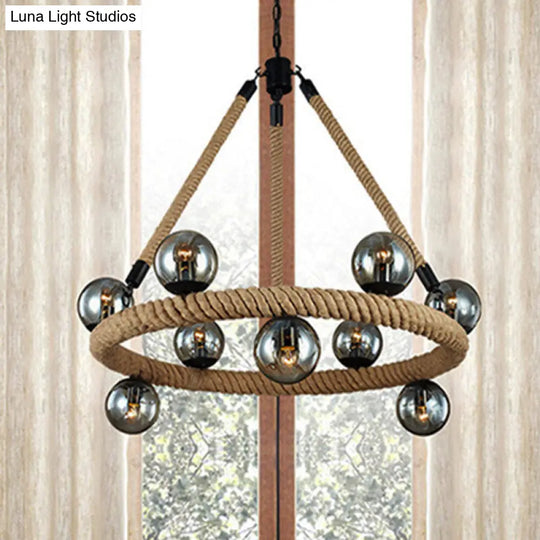 Industrial Rope Chandelier With Glass Shade - Beige 9-Light Fixture For Dining Room