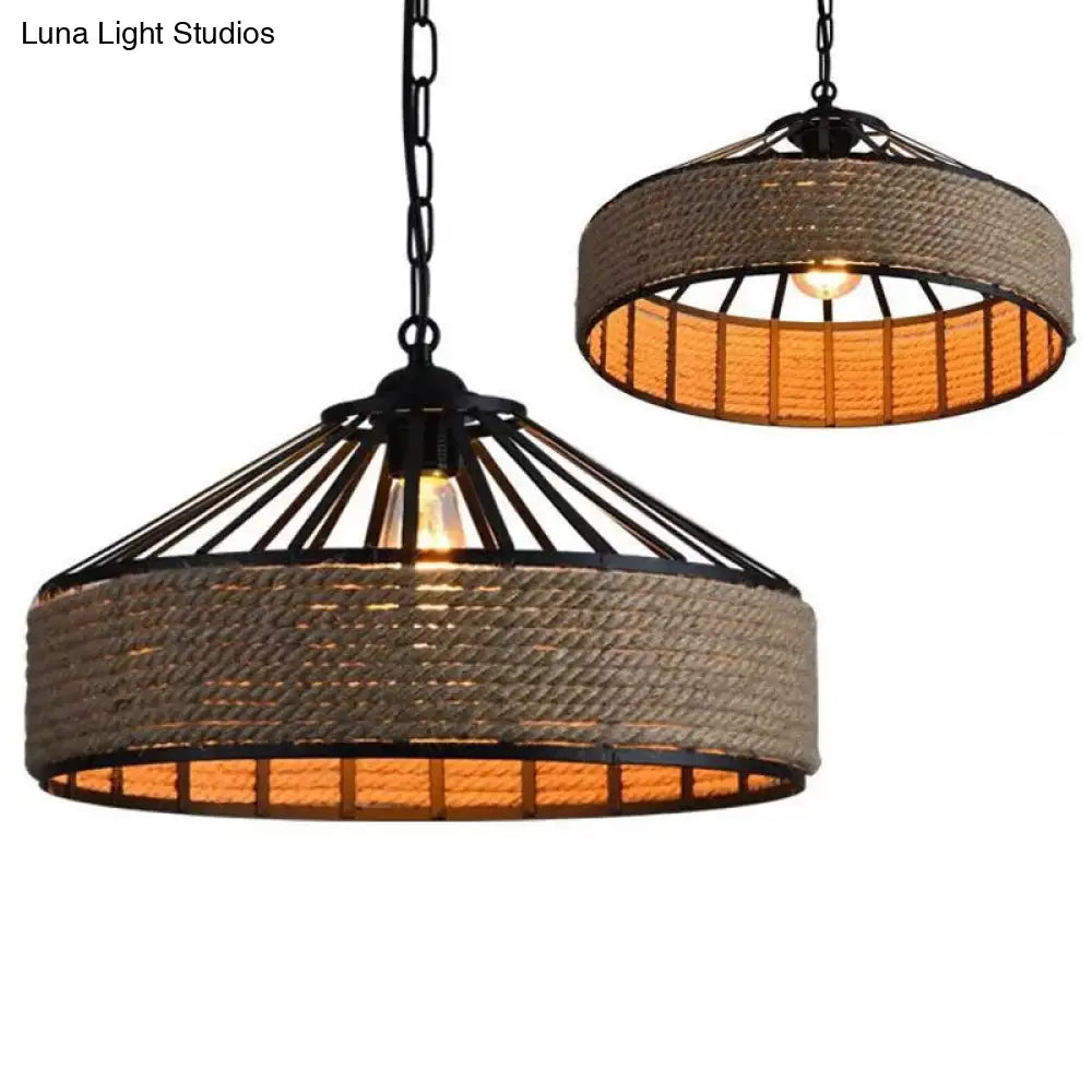 Industrial Pendant Light With Vintage Rope And Barn Metal Shade - Perfect For Dining Rooms