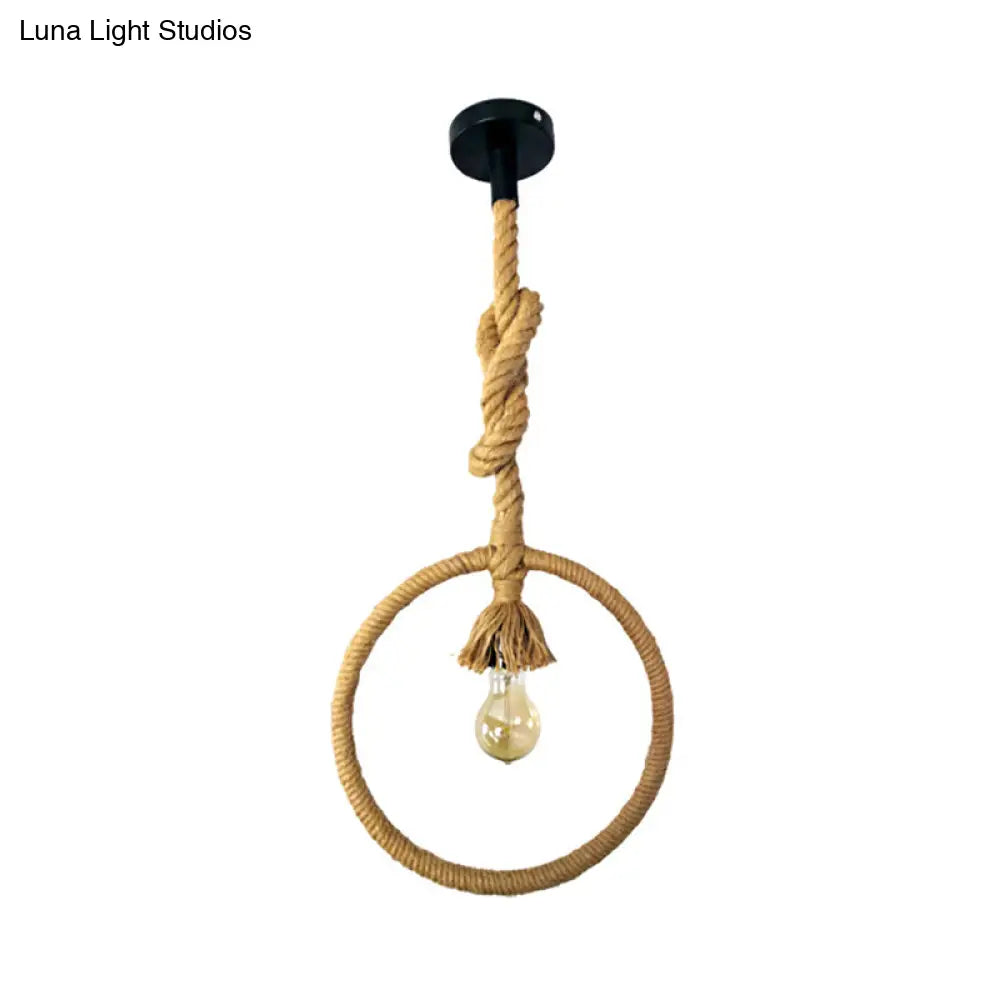 Industrial Rope Pendant Light - Rustic 1-Light Suspended Lamp For Ring Restaurant | Beige-Knotted