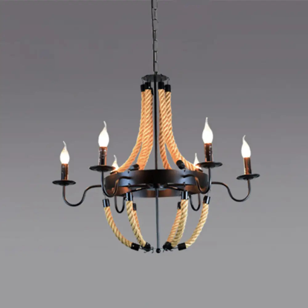 Industrial Rope Style Chandelier Pendant Lamp - Elegant Black Finish Candle Shape Adjustable 39’