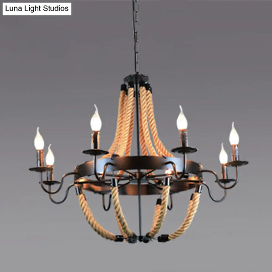 Industrial Rope Style Hanging Pendant Lamp With Adjustable Chain - Black Finish Candle Chandelier