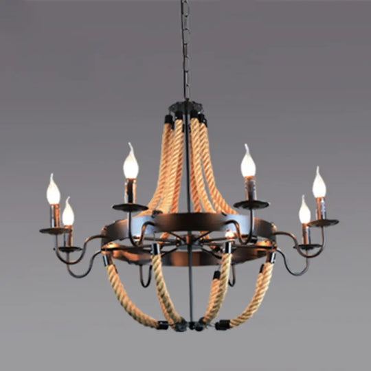 Industrial Rope Style Chandelier Pendant Lamp - Elegant Black Finish Candle Shape Adjustable 39’