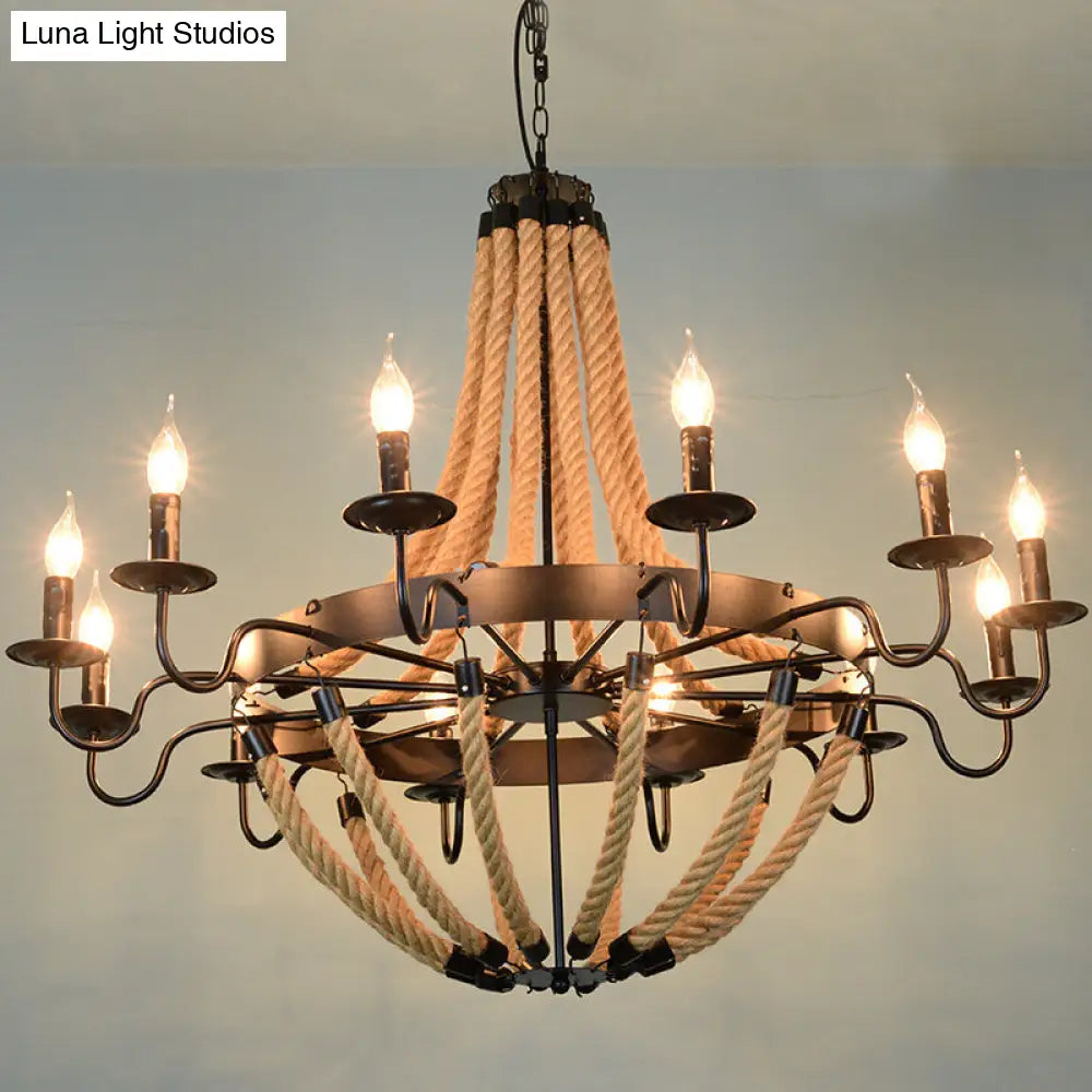 Industrial Rope Style Hanging Pendant Lamp With Adjustable Chain - Black Finish Candle Chandelier