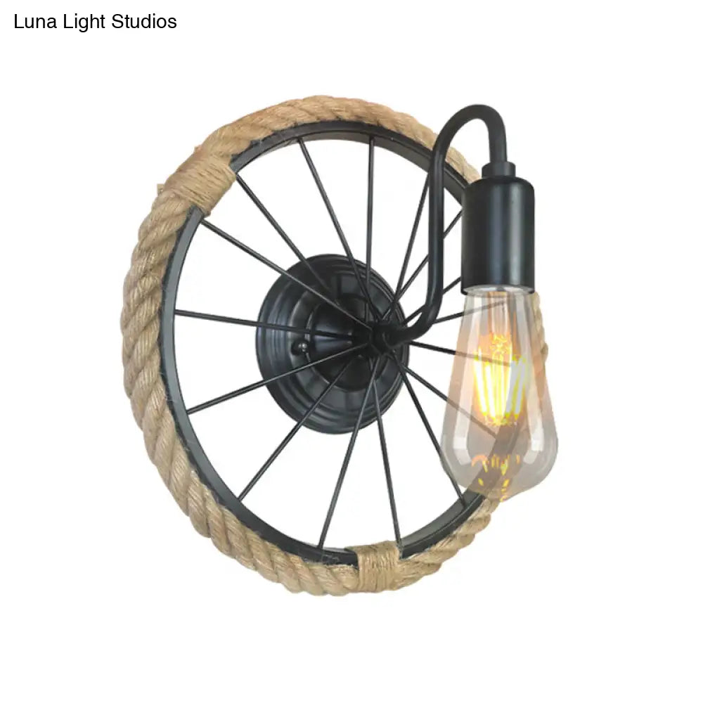 Industrial Rope Wall Mounted Sconce Lamp With Open Bulb And Wheel Shape - Black