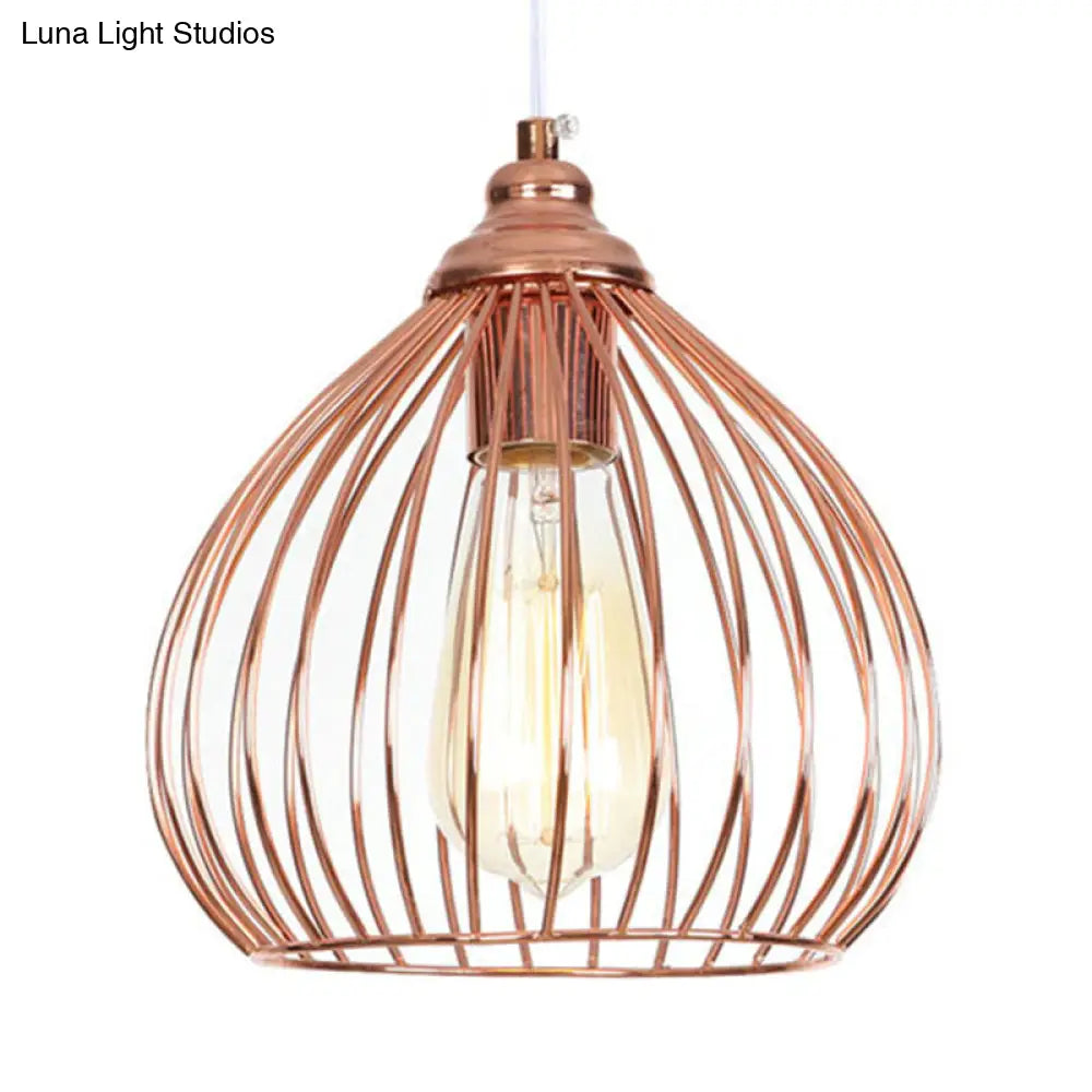 Rose Gold Gourd Pendant Light With Wire Guard - Industrial Single Hanging Ceiling Lamp