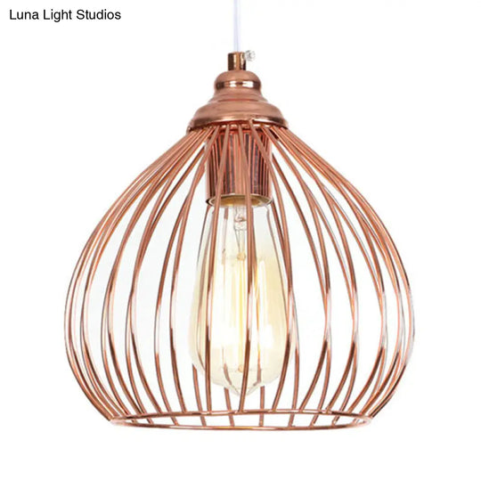 Rose Gold Gourd Pendant Light With Wire Guard - Industrial Single Hanging Ceiling Lamp