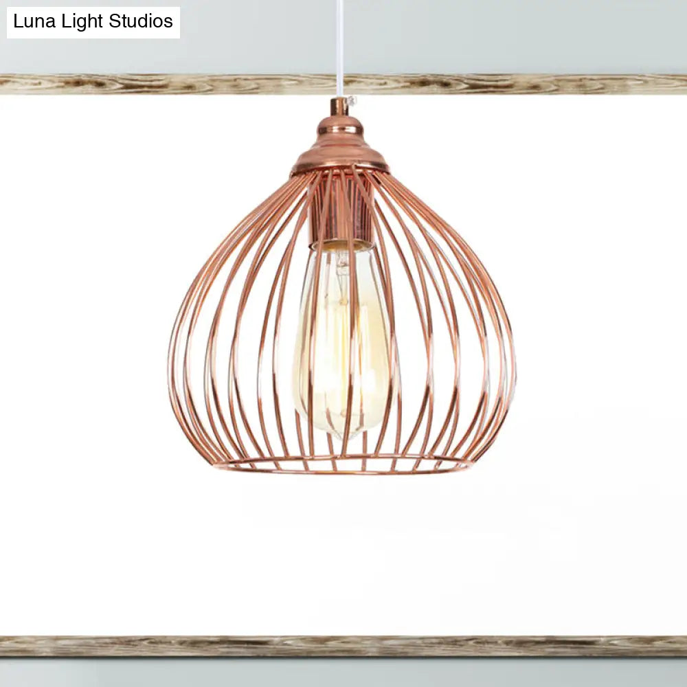 Rose Gold Gourd Pendant Light With Wire Guard - Industrial Single Hanging Ceiling Lamp