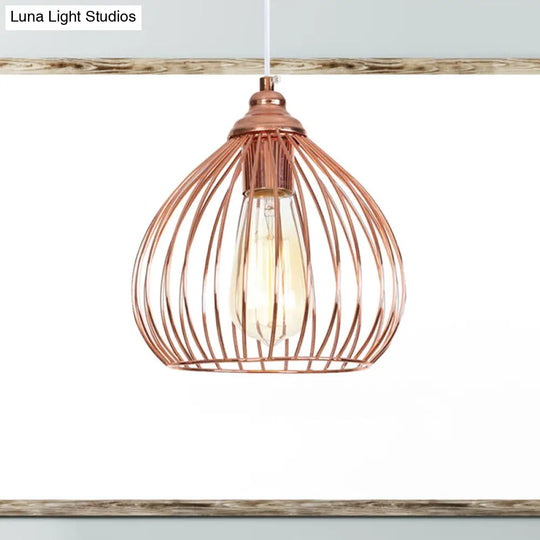 Rose Gold Gourd Pendant Light With Wire Guard - Industrial Single Hanging Ceiling Lamp